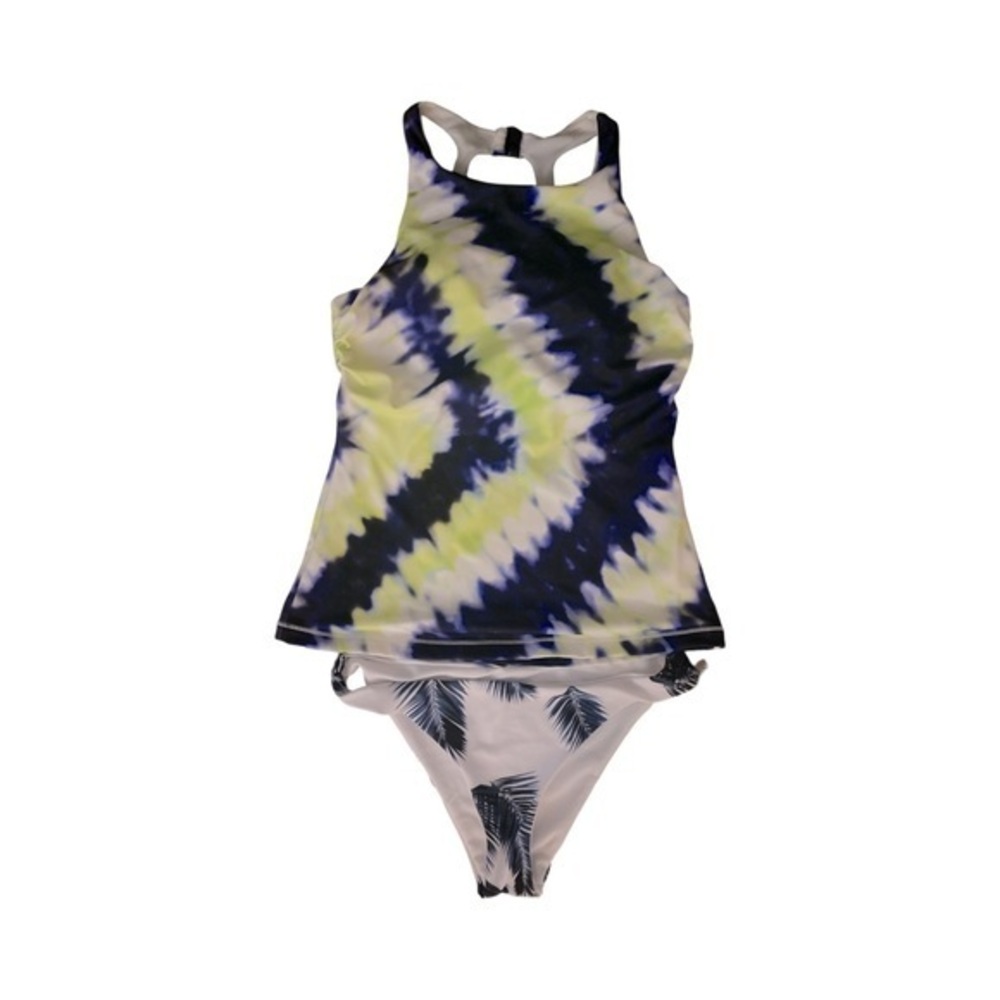 Athleta Swimsuit -34 B/C navy yellow white print , polyester spandex